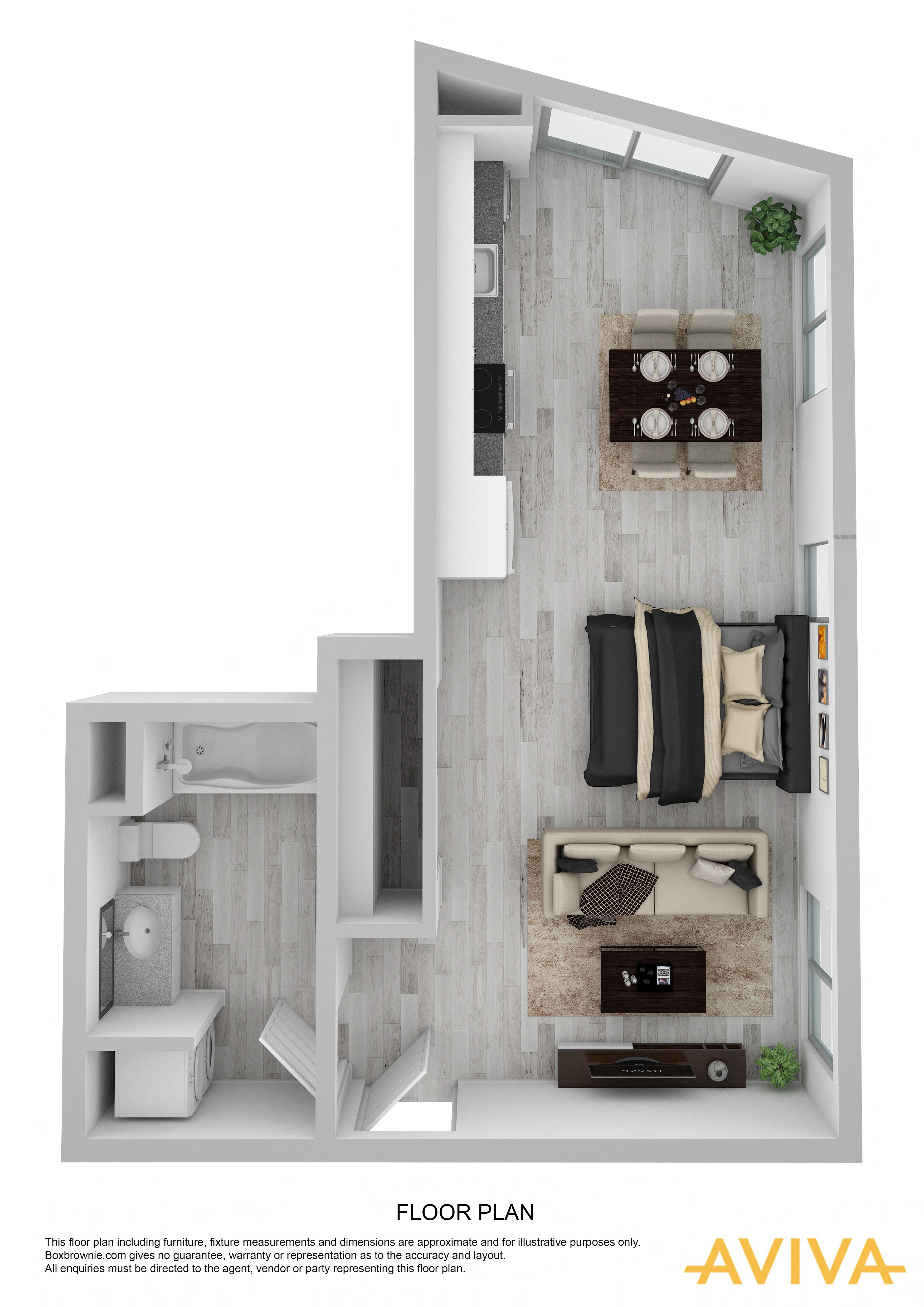 studio apartment floor plan at AVIVA Apartments